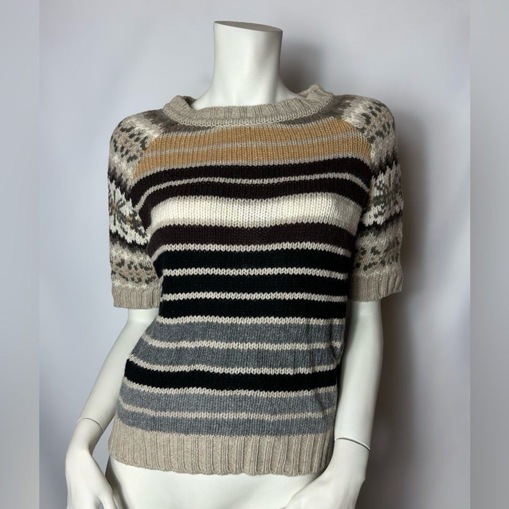 Max & Co Striped Knit Short Sleeve Sweater - Beige, Black, and Gray